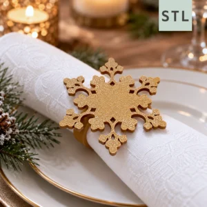 Goldener Serviettenring mit Schneeflocke auf einer gefalteten Serviette für die Weihnachtstafel