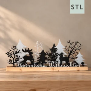 Mehrschichtige Weihnachtslandschaft mit Hirschen, Tannenbäumen und filigranen Zweigen auf einem Holzsockel – STL-Datei für den 3D-Druck.