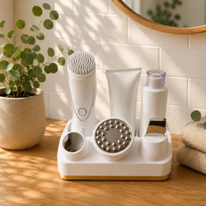 Moderner weißer Halter für den LR Zeitgard Pro mit Bürste und Zubehör auf einem hellen Badezimmer-Waschtisch.
