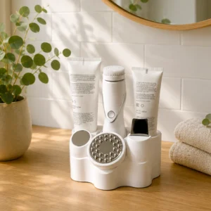 Weißer Halter für den LR Zeitgard Pro mit Bürste, Aufsätzen und Pflegeprodukten auf einem hellen Holzwaschtisch im Badezimmer.