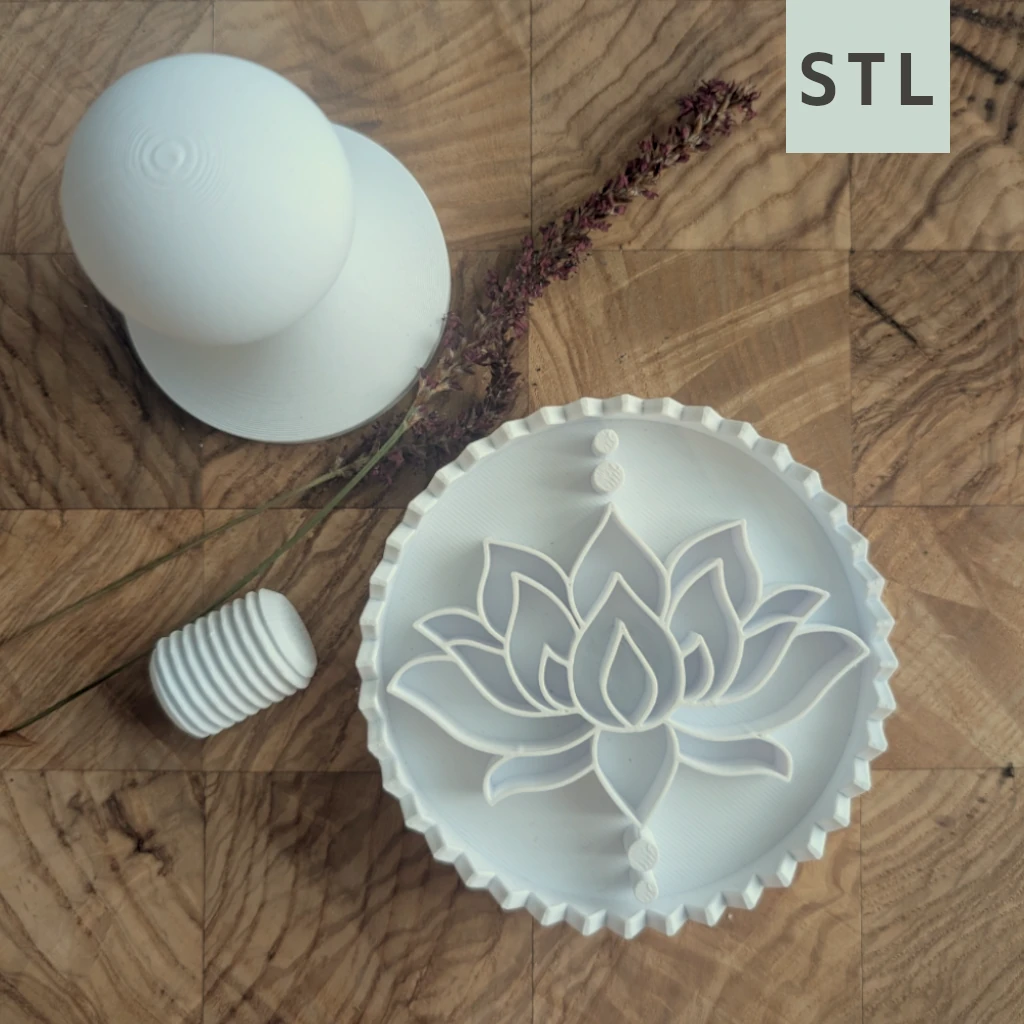 STL-Datei: Brotstempel Lotusblume – schönes Muster für selbstgebackenes Brot Kleine Stiche Einzelteile des 3D-gedruckten Brotstempels mit Lotusblume