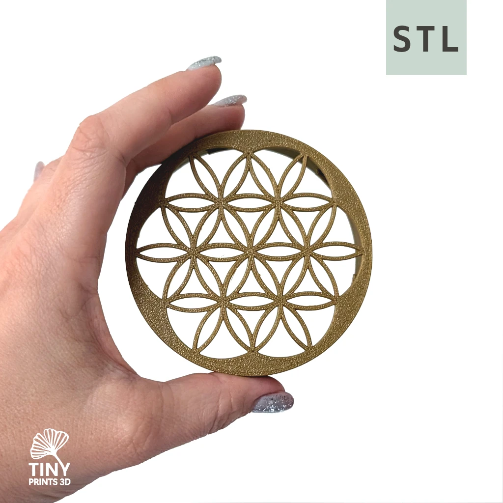 Blumenretter mit Blume des Lebens – STL-Datei für das Glücksglas Kleine Stiche Blumenretter mit Blume des Lebens in der Hand gehalten. STL