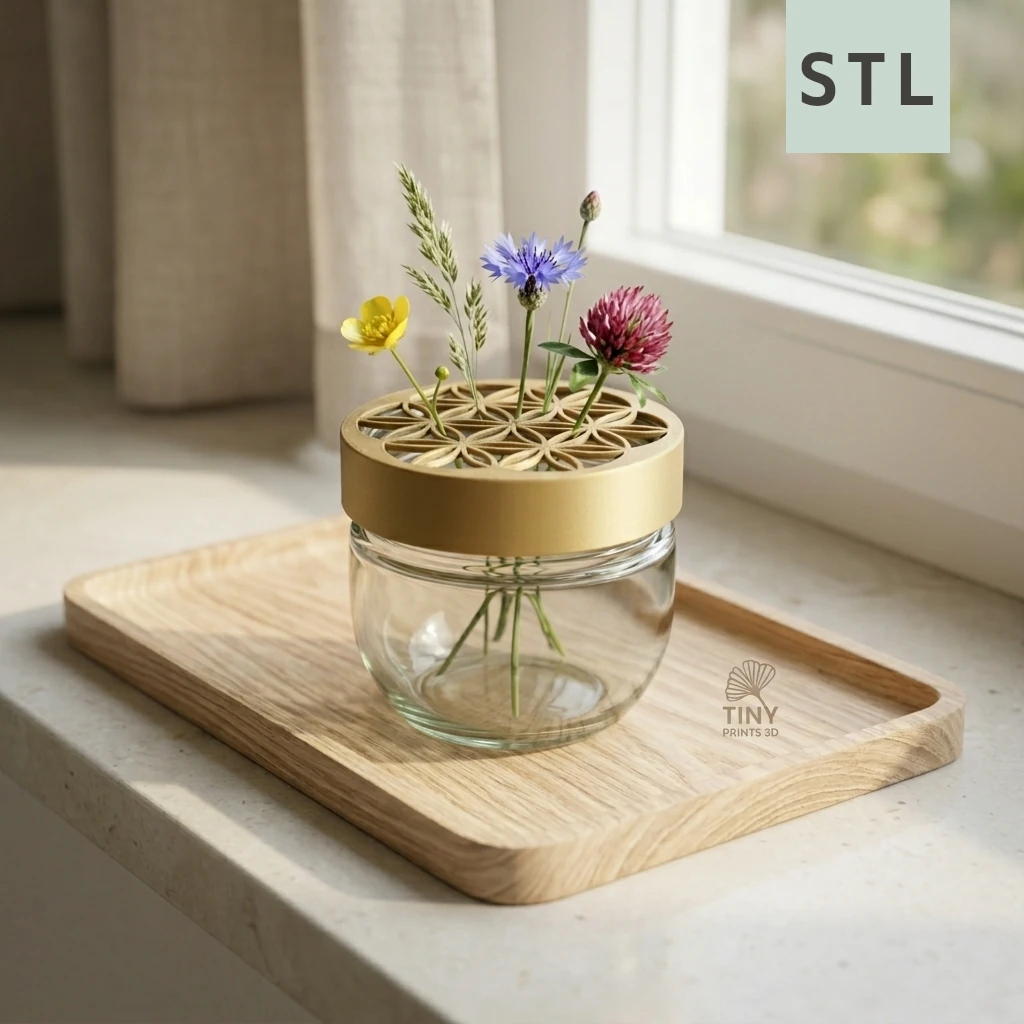 Blumenretter mit Blume des Lebens – STL-Datei für das Glücksglas Kleine Stiche Blumenretter 3D- Druckdatei im Glücksglas mit kleinen Wiesenblumen auf einer Fensterbank