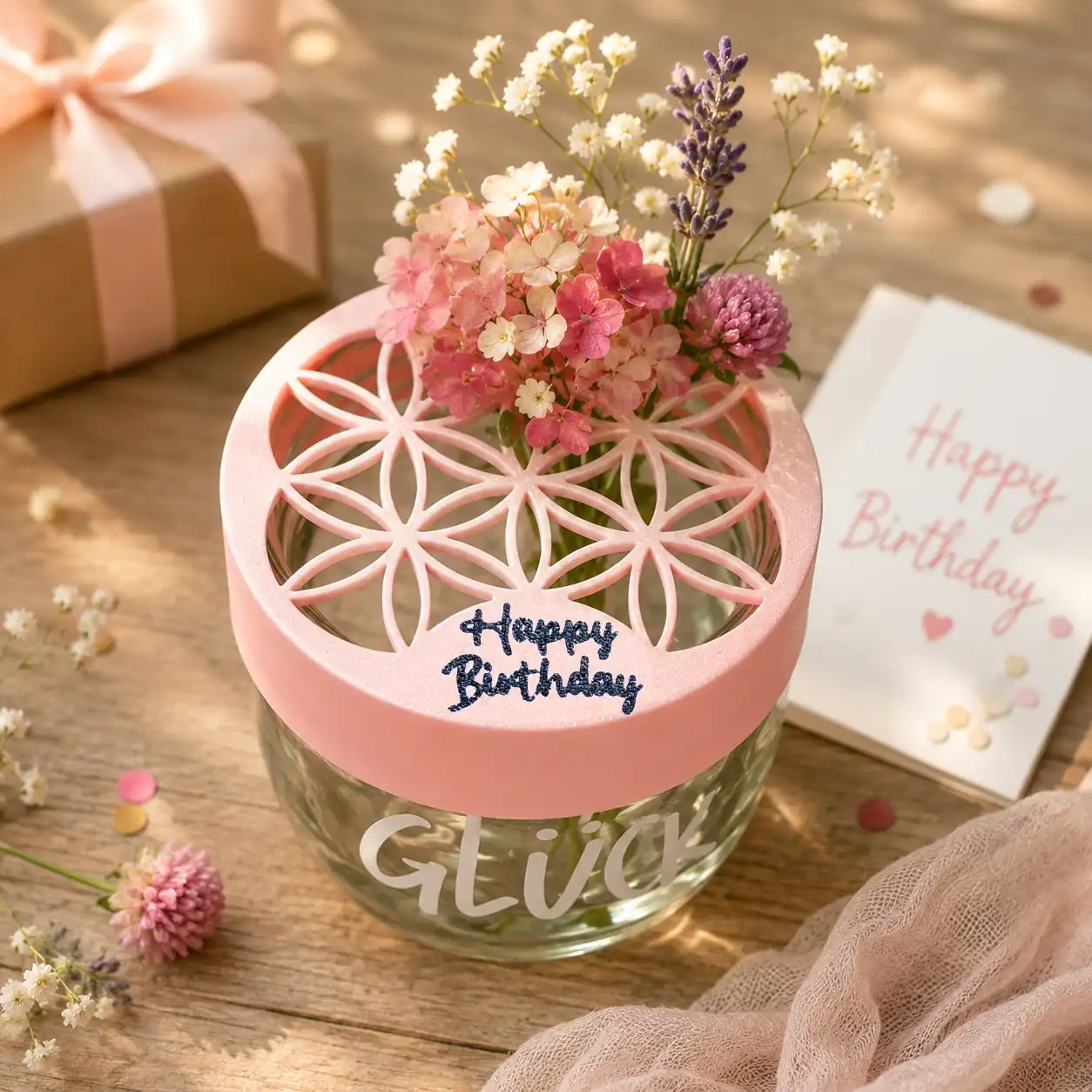 Blumenretter für das Glück Marmeladenglas Kleine Stiche Blumenretter Blume des Lebens mit Happy Birthday Stecker im Glücksglas