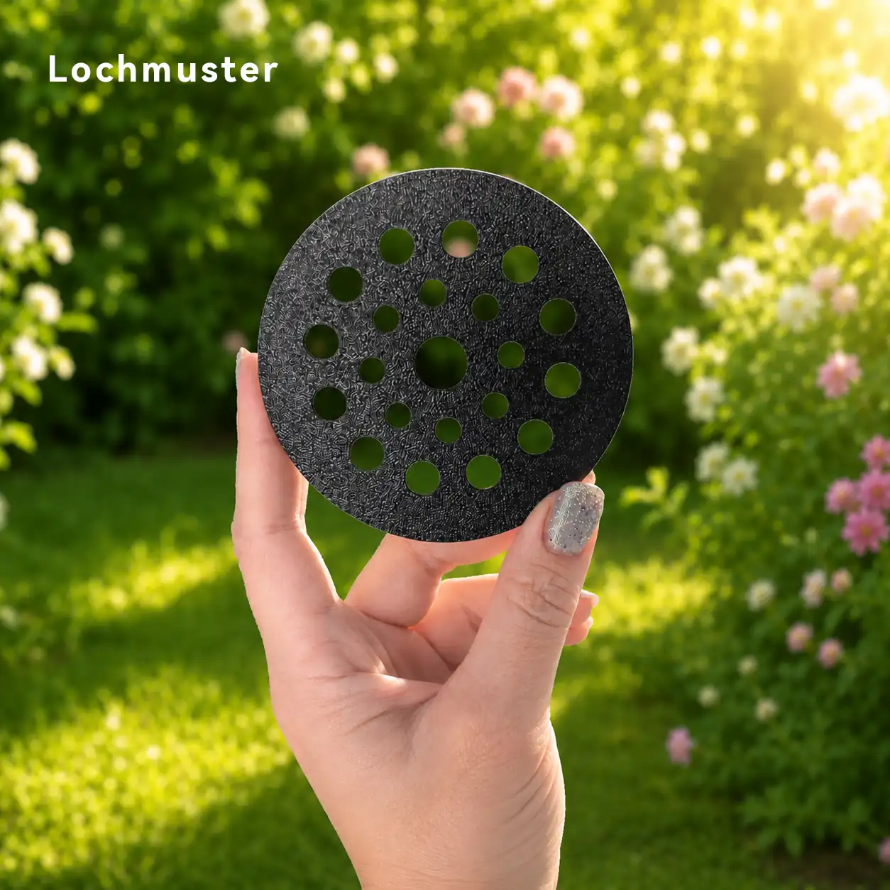 Blumenretter für das Glück Marmeladenglas Kleine Stiche Schwarzer Blumenretter mit Lochmuster für Marmeladengläser, gehalten in der Hand vor einem blühenden Garten.