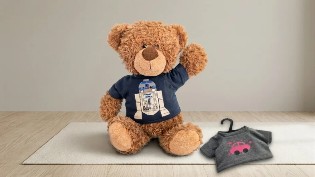 Teddykleidung aufbewahren – einfache Ideen für mehr Ordnung Kleine Stiche Teddykleidung mit T-Shirt und Mini Kleiderbügel neben einem Teddy