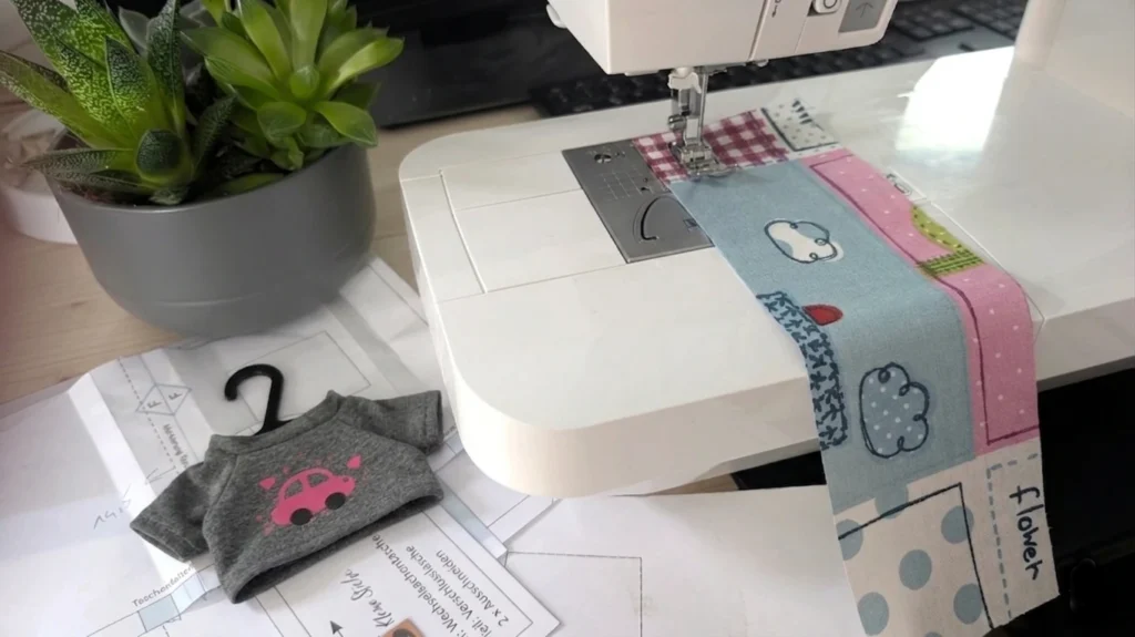 Teddykleidung sortieren beim Nähen – kleines Shirt und Schnittmuster neben Nähmaschine, ruhige Ordnung im Nähbereich