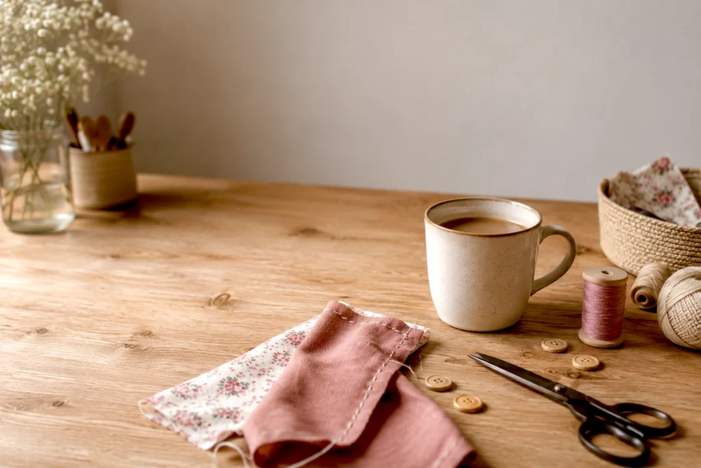 Arbeitsplatz mit Nähprojekt, Garn und einer Tasse Kaffee während einer kurzen Arbeitspause