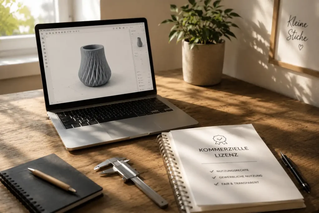 Arbeitsplatz mit 3D-Modell am Laptop und Unterlagen zur kommerziellen Lizenz für den 3D-Druck
