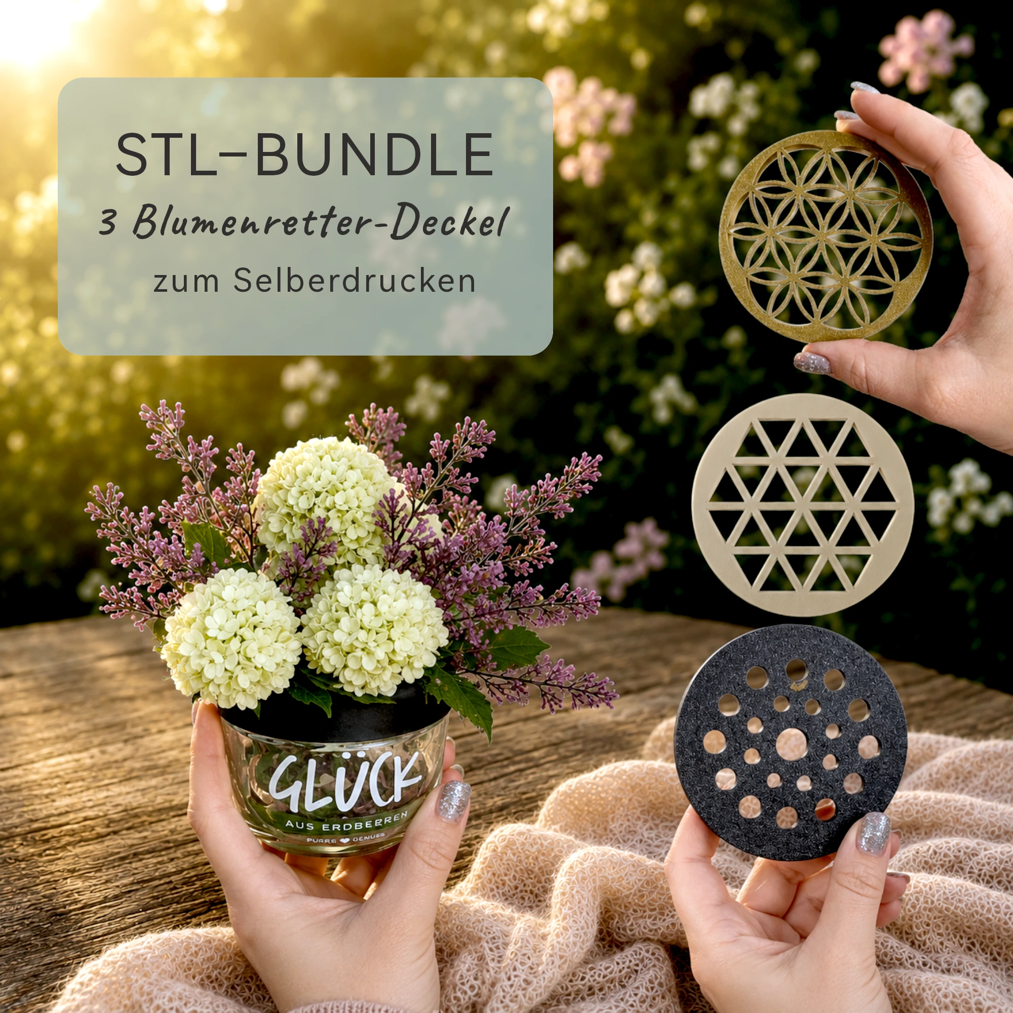 STL-Bundle: Blumenretter für das Glücksglas mit 3 Varianten Kleine Stiche Blumenretter STL-Bundle für das Glücksglas mit drei Deckelvarianten