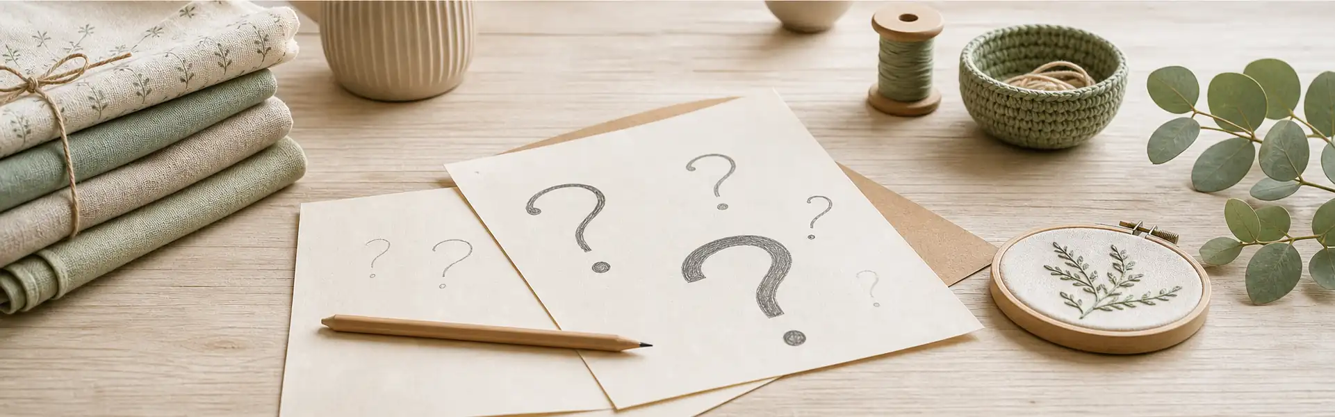 FAQ & Hinweise Kleine Stiche Papier mit Fragezeichen, Bleistift und Eukalyptus auf einem hellen Holztisch