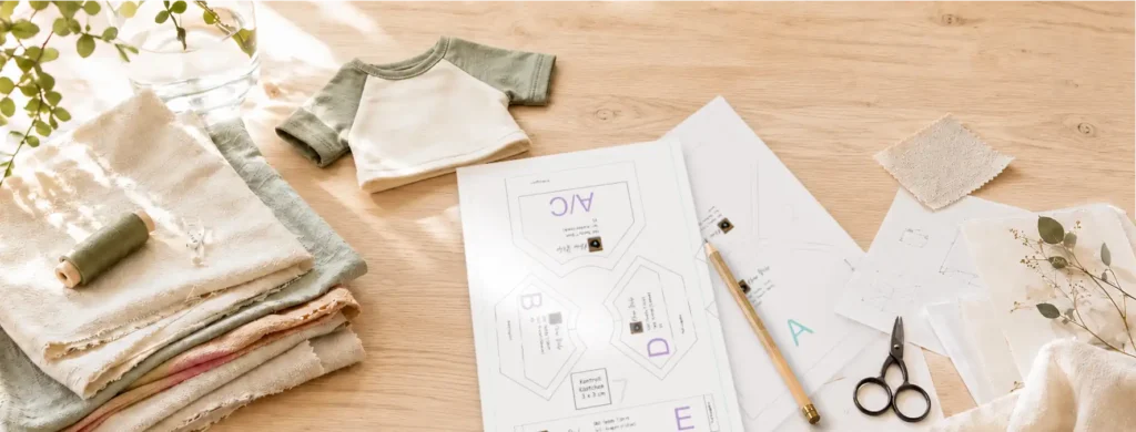 Home Kleine Stiche Stoffe, Schnittmuster und ein kleines genähtes Shirt auf einem hellen Arbeitstisch bei Kleine Stiche