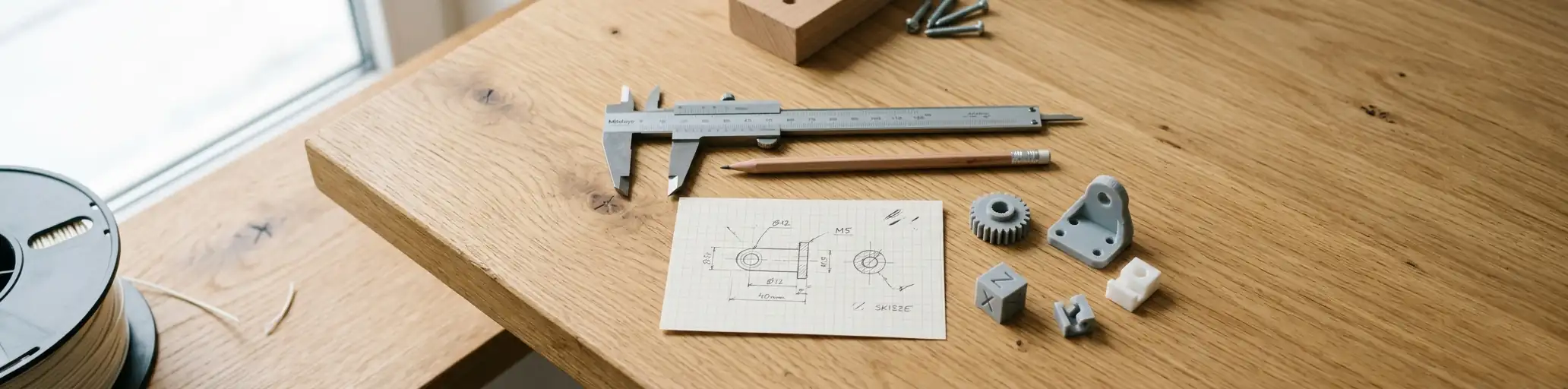 Anpassungen & Design Kleine Stiche Messschieber, Skizze und kleine 3D-Druckteile auf einem Holztisch als Symbol für Anpassungen und Design bei Tiny Prints