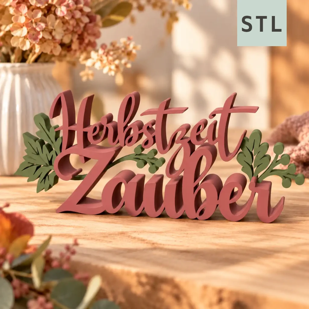 STL-Datei: Herbstzeitzauber – Schriftzug zum Aufstellen und Aufhängen Kleine Stiche Digitale Vorschau des Herbstzeitzauber-Schriftzugs mit Blättern als 3D-Druck-Aufsteller
