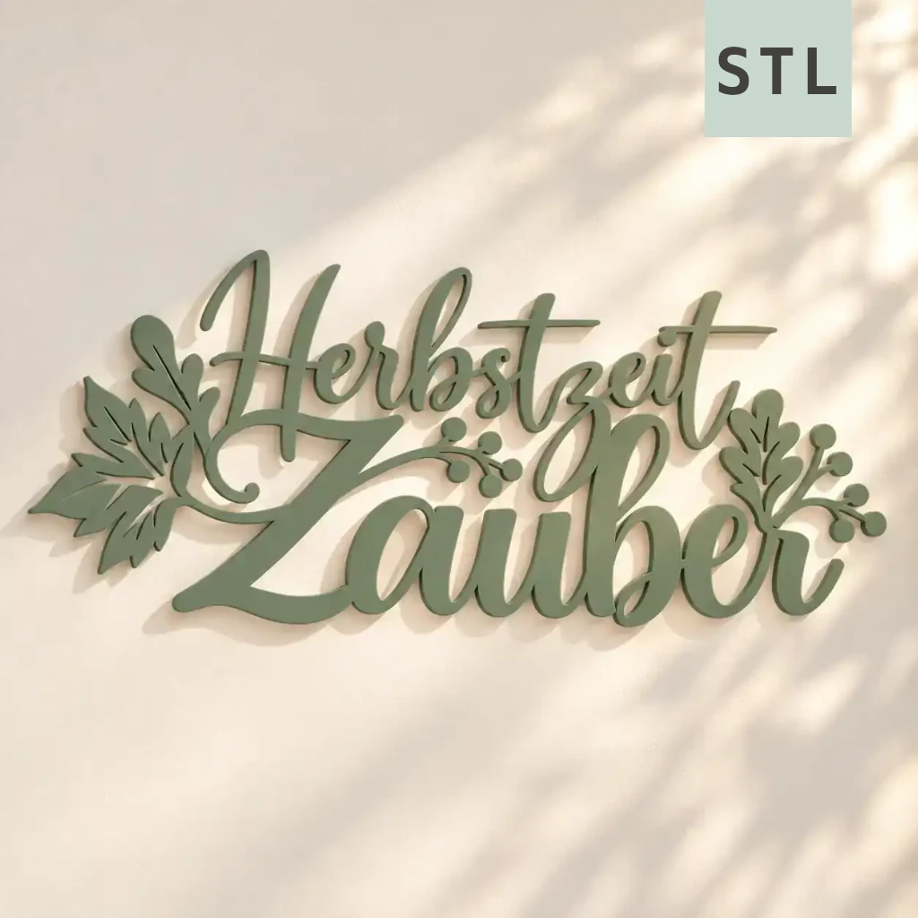 STL-Datei: Herbstzeitzauber – Schriftzug zum Aufstellen und Aufhängen Kleine Stiche Digitale Vorschau des grünen Herbstzeitzauber-Schriftzugs als zusammenhängende Wandvariante